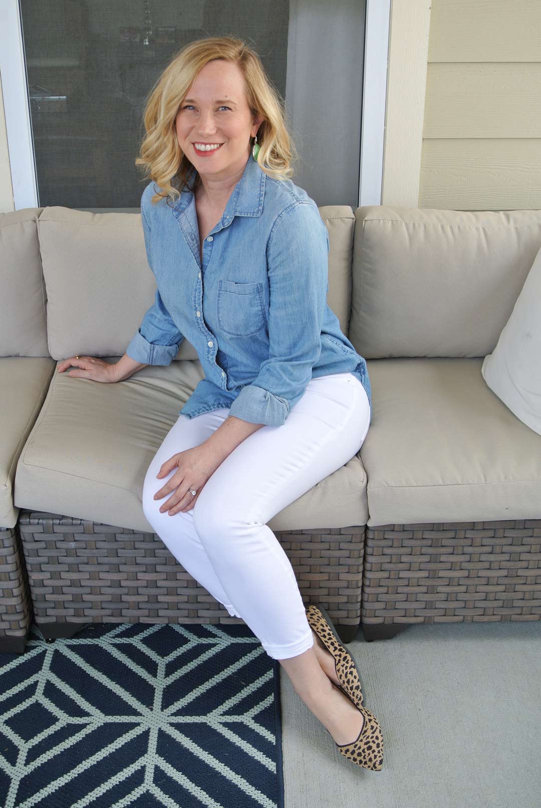 white jeans chambray shirt