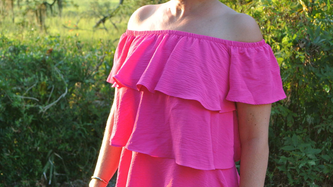 Bright Pink Off-the-Shoulder Ruffle Dress with Sunset Lighting