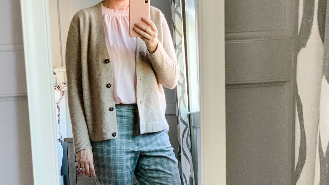 Banana Republic Glenplaid Pants with Pink shirt and camel cardigan