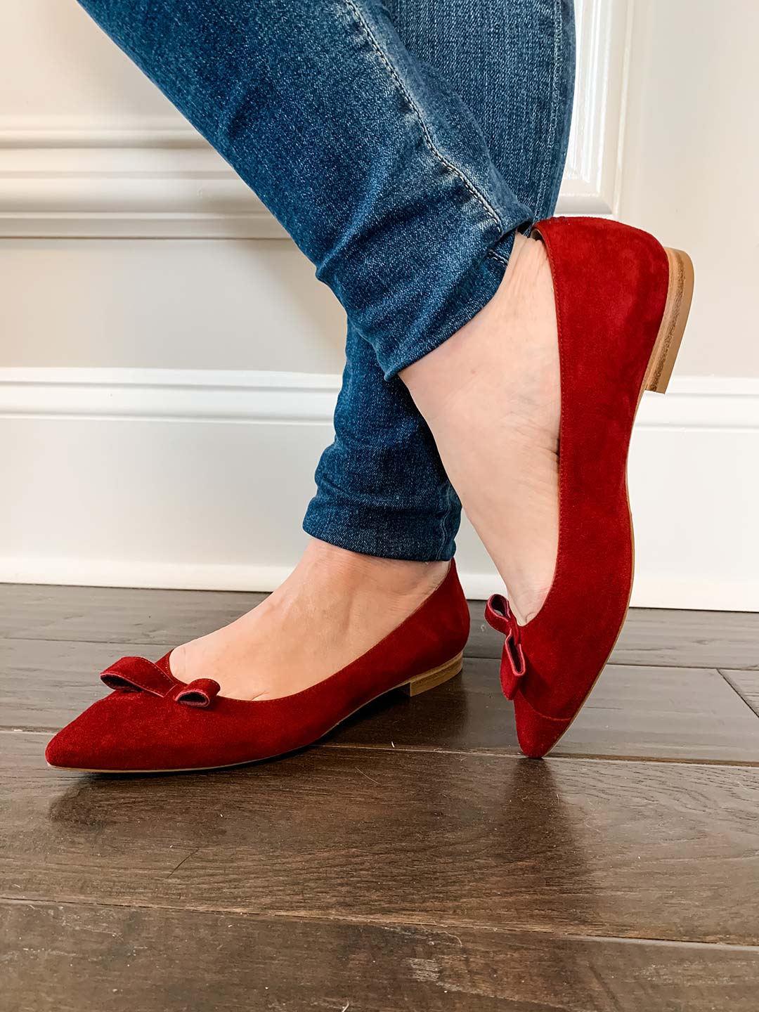 Sarah Flint Natalie ballet flats in red suede with jeans