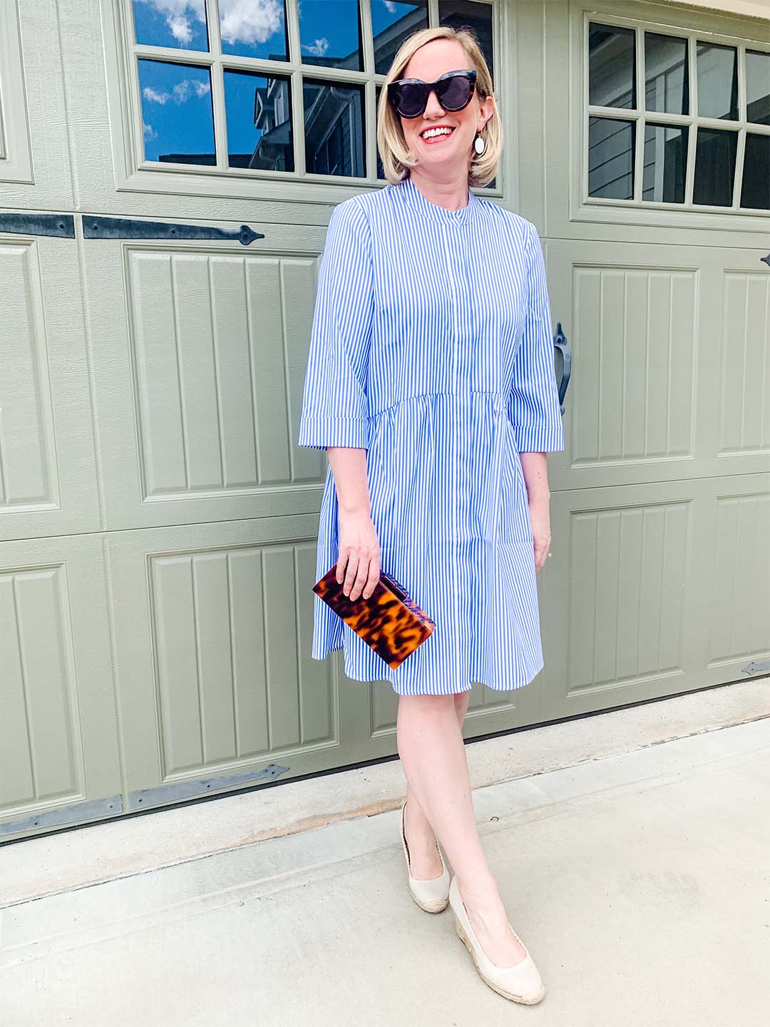 Tuckernuck blue and white striped royal shirt dress with espadrille wedges and tortoise clutch