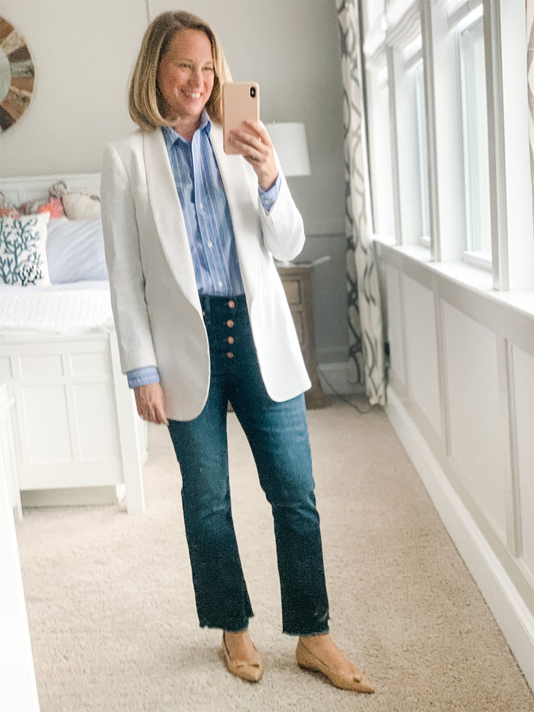 Sarah Flint Natalie ballet flat on woman with jeans, button-up shirt and white blazer